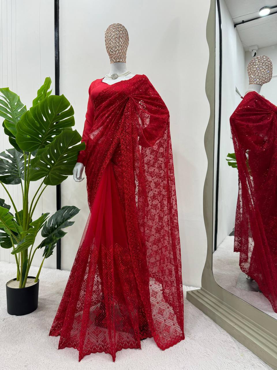 Deep Red  Soft Net With thred Work Saree