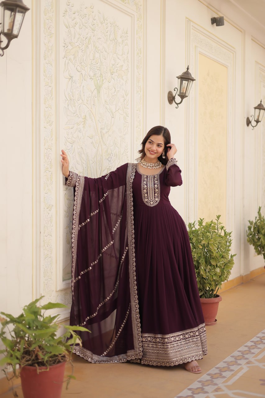 ELEGANT MAROON COLOR  ANARKALI GOWN WITH FAUX BLOOMING DUPATTA