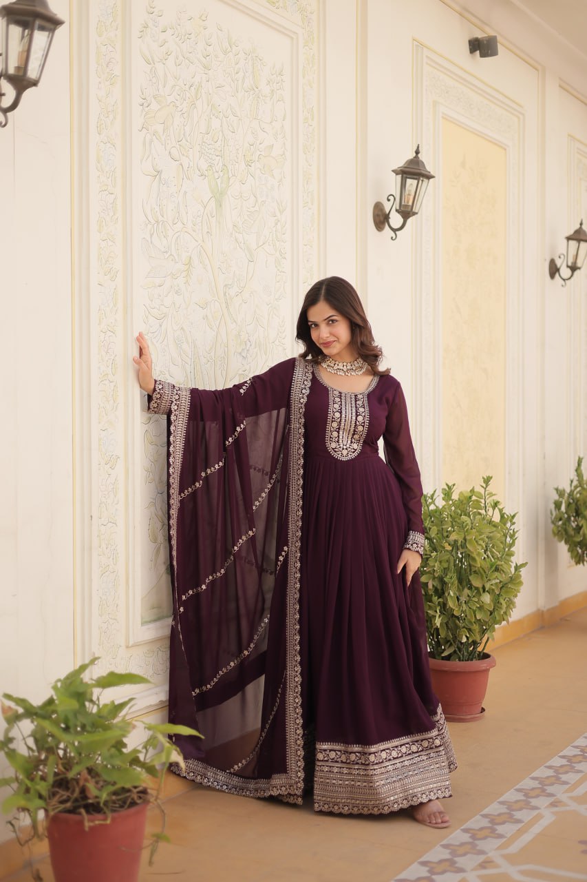 ELEGANT MAROON COLOR  ANARKALI GOWN WITH FAUX BLOOMING DUPATTA