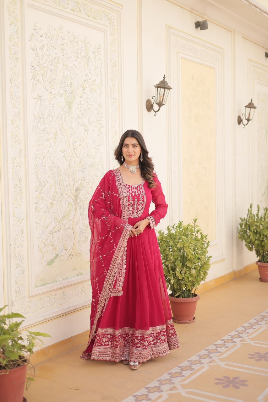 ELEGANT MAROON COLOR  ANARKALI GOWN WITH FAUX BLOOMING DUPATTA
