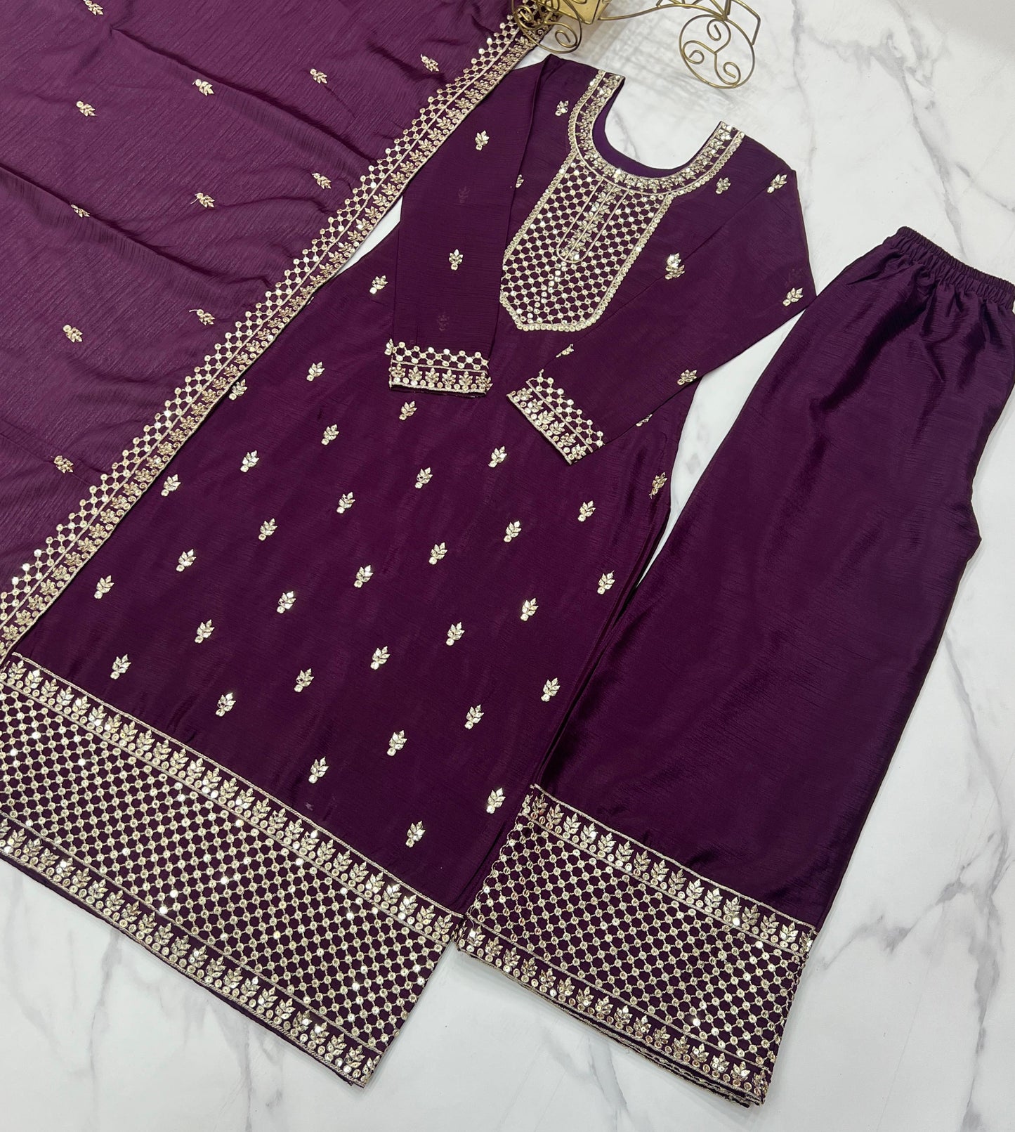 Wine Whisper β Elegant Embroidered Chinon Silk Straight Kurta Set with Dupatta