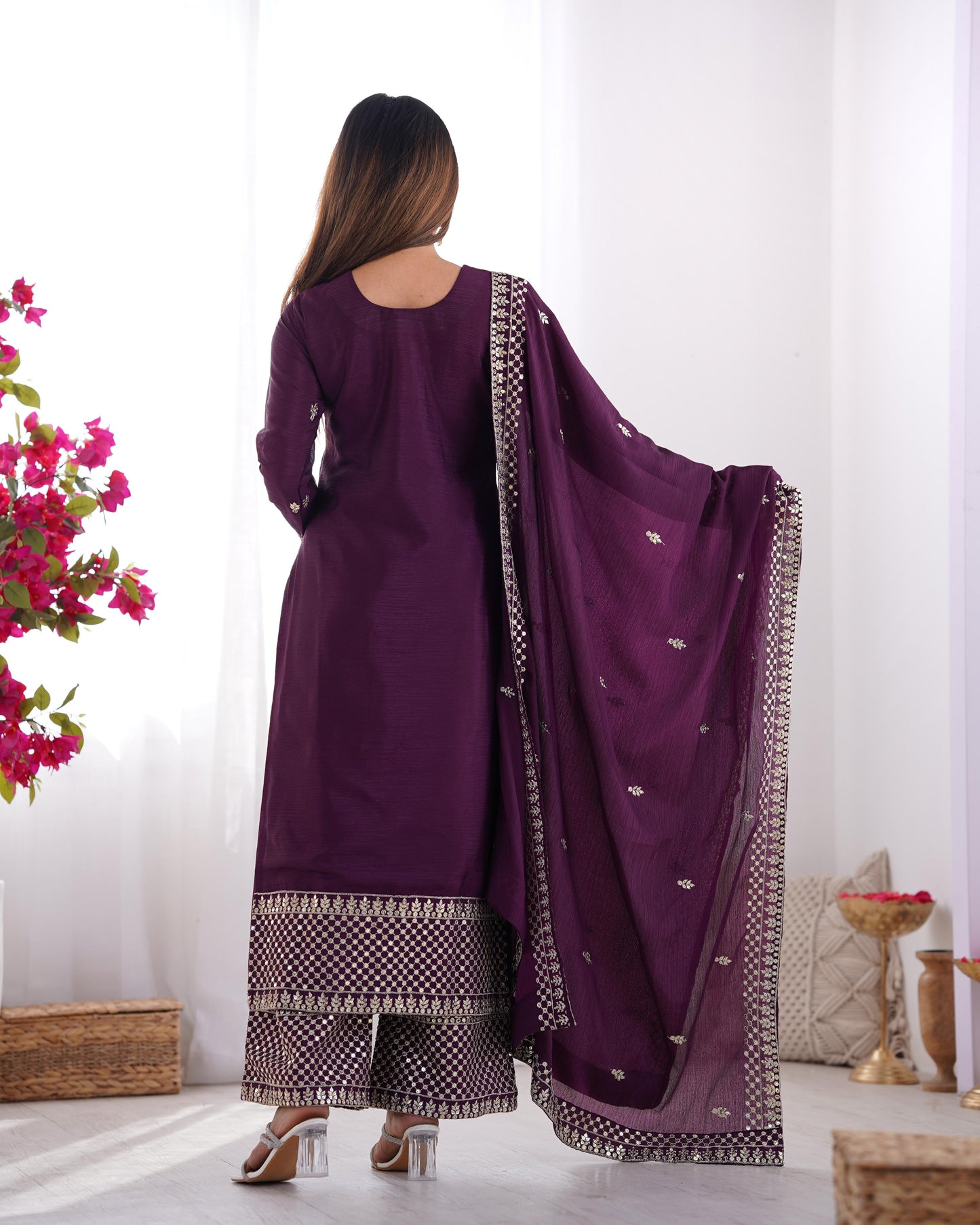 Wine Whisper β Elegant Embroidered Chinon Silk Straight Kurta Set with Dupatta