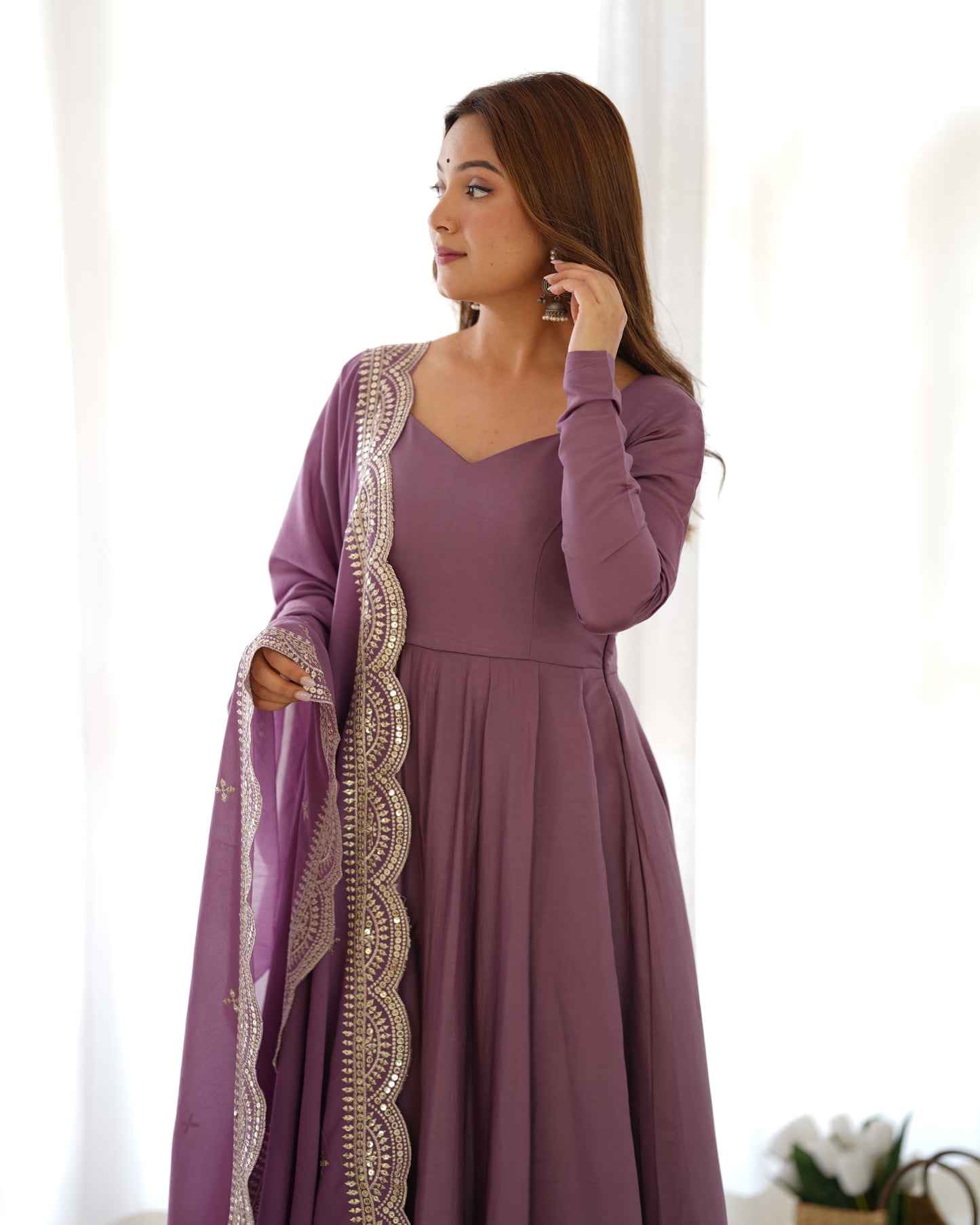 Mauve Pink Heavy pure Chanderi Romansilk 3pc Anarkali Gown Set