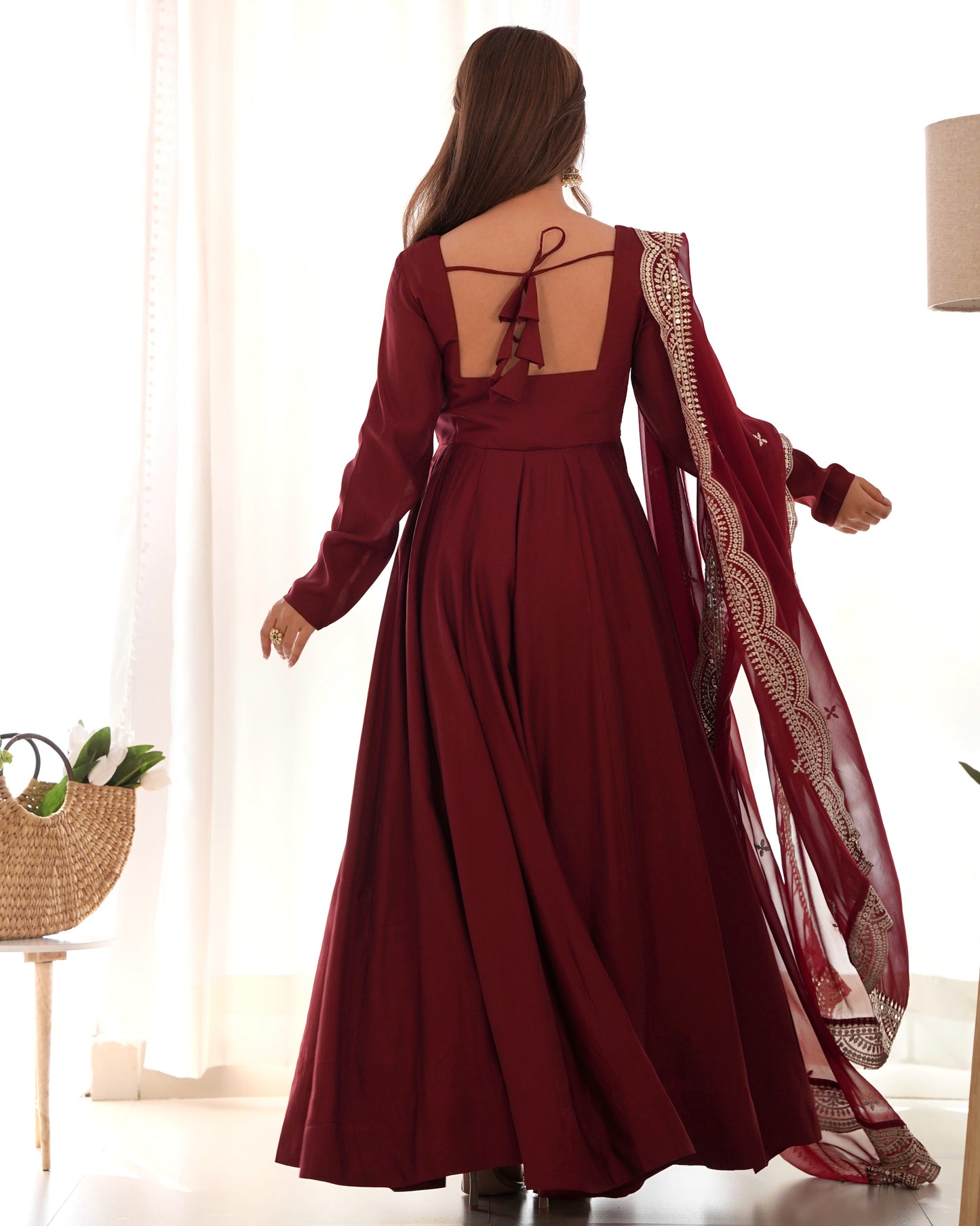 Maroon Heavy pure Chanderi Romansilk 3pc Anarkali Gown Set