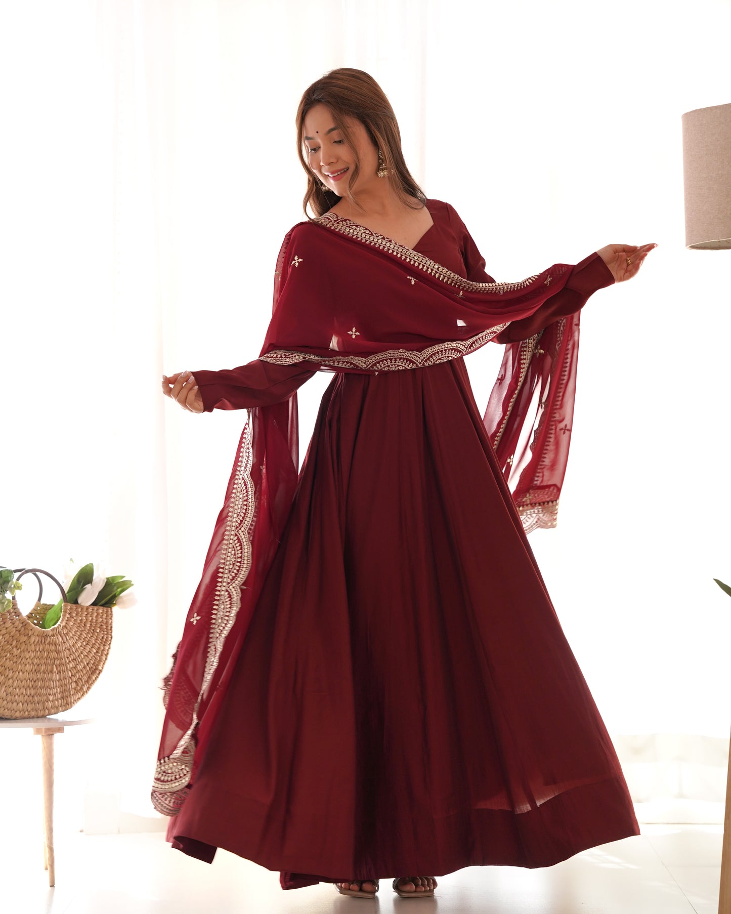 Maroon Heavy pure Chanderi Romansilk 3pc Anarkali Gown Set