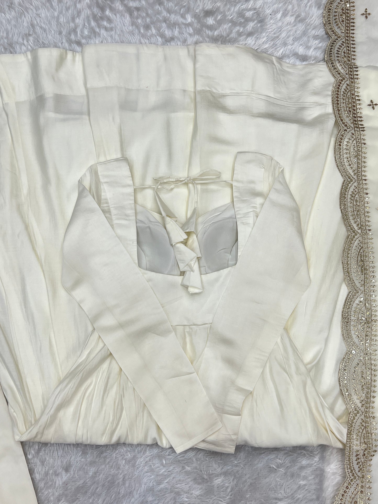 Off White Heavy pure Chanderi Romansilk 3pc Anarkali Gown Set