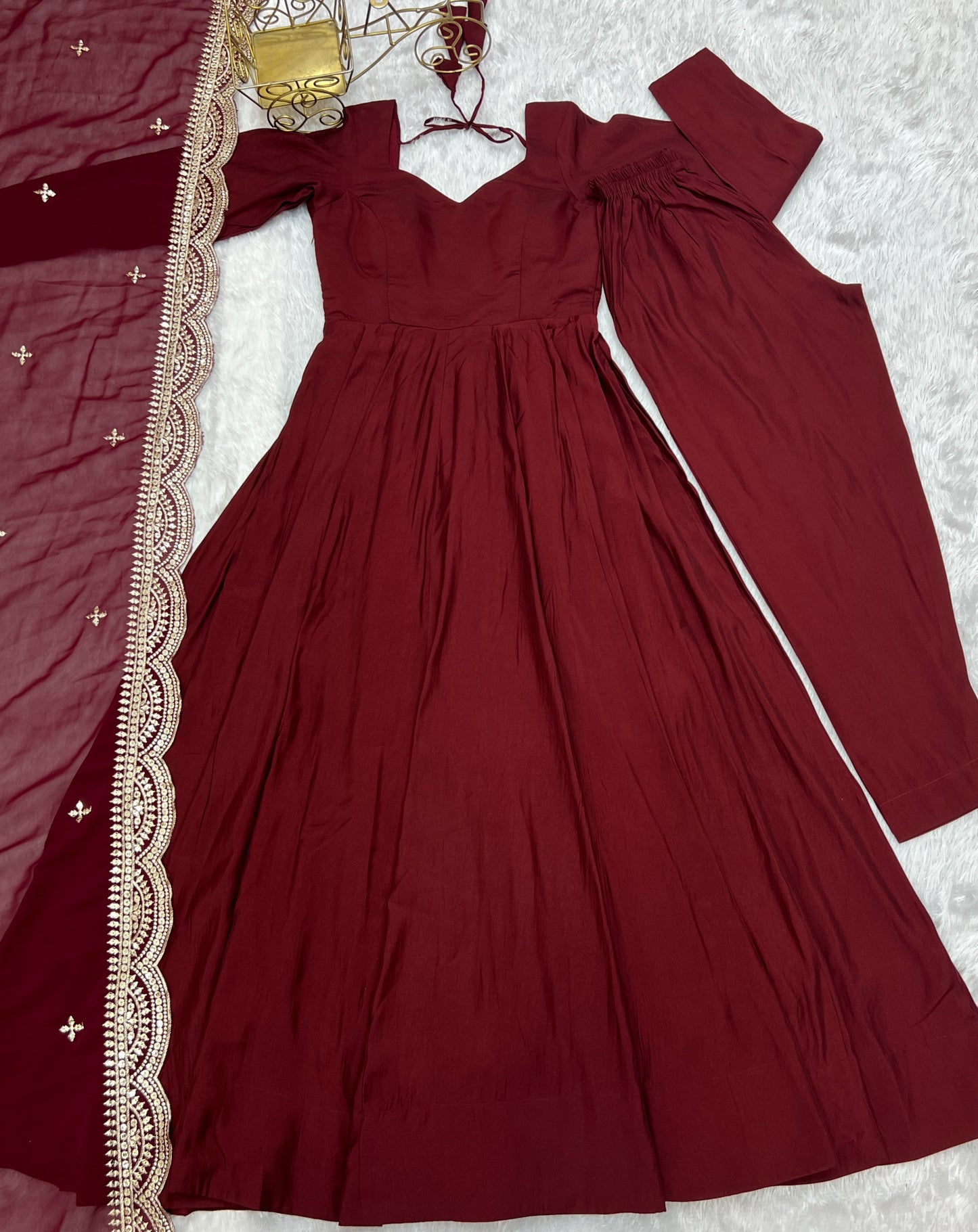 Maroon Heavy pure Chanderi Romansilk 3pc Anarkali Gown Set