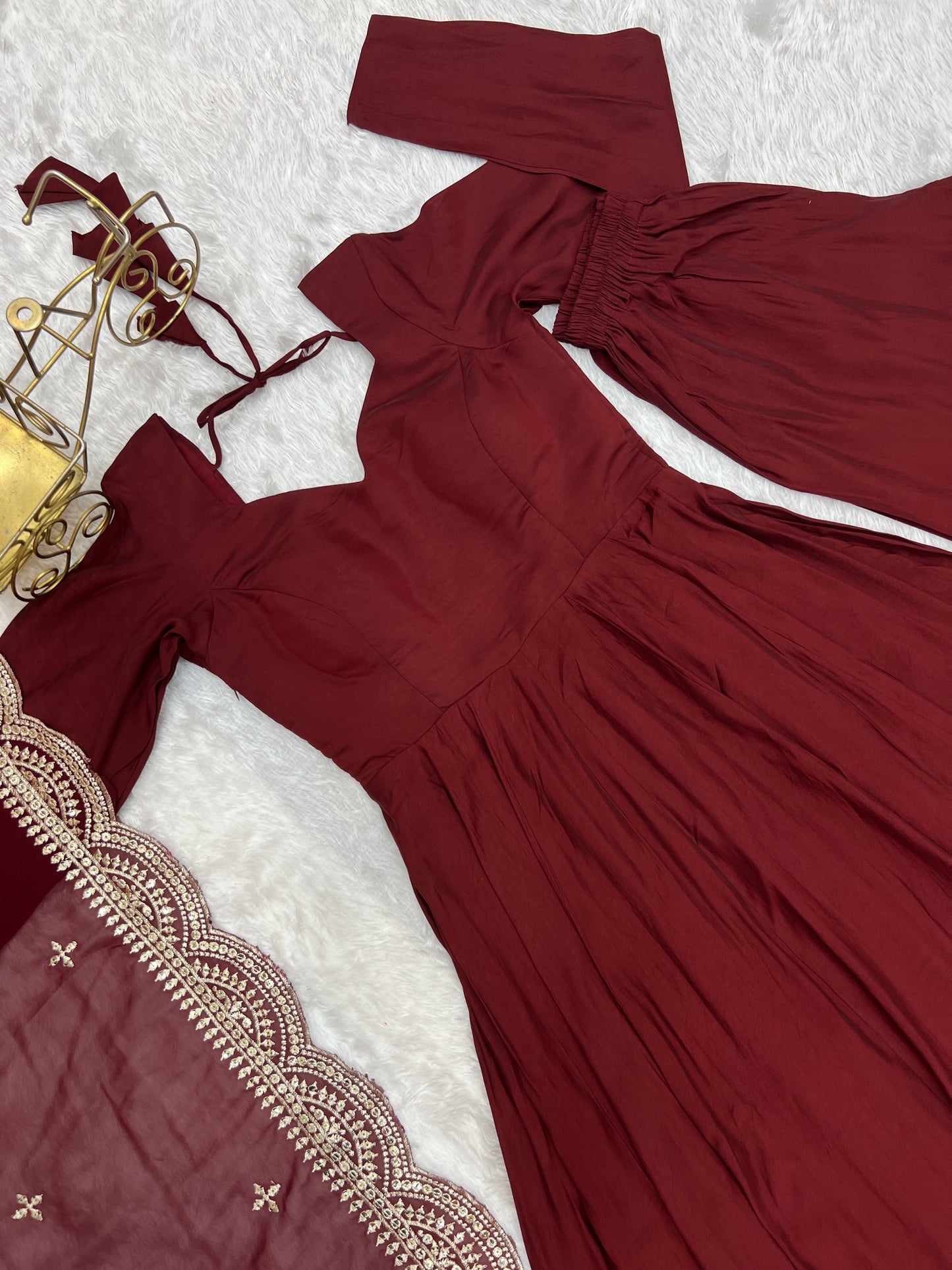 Maroon Heavy pure Chanderi Romansilk 3pc Anarkali Gown Set