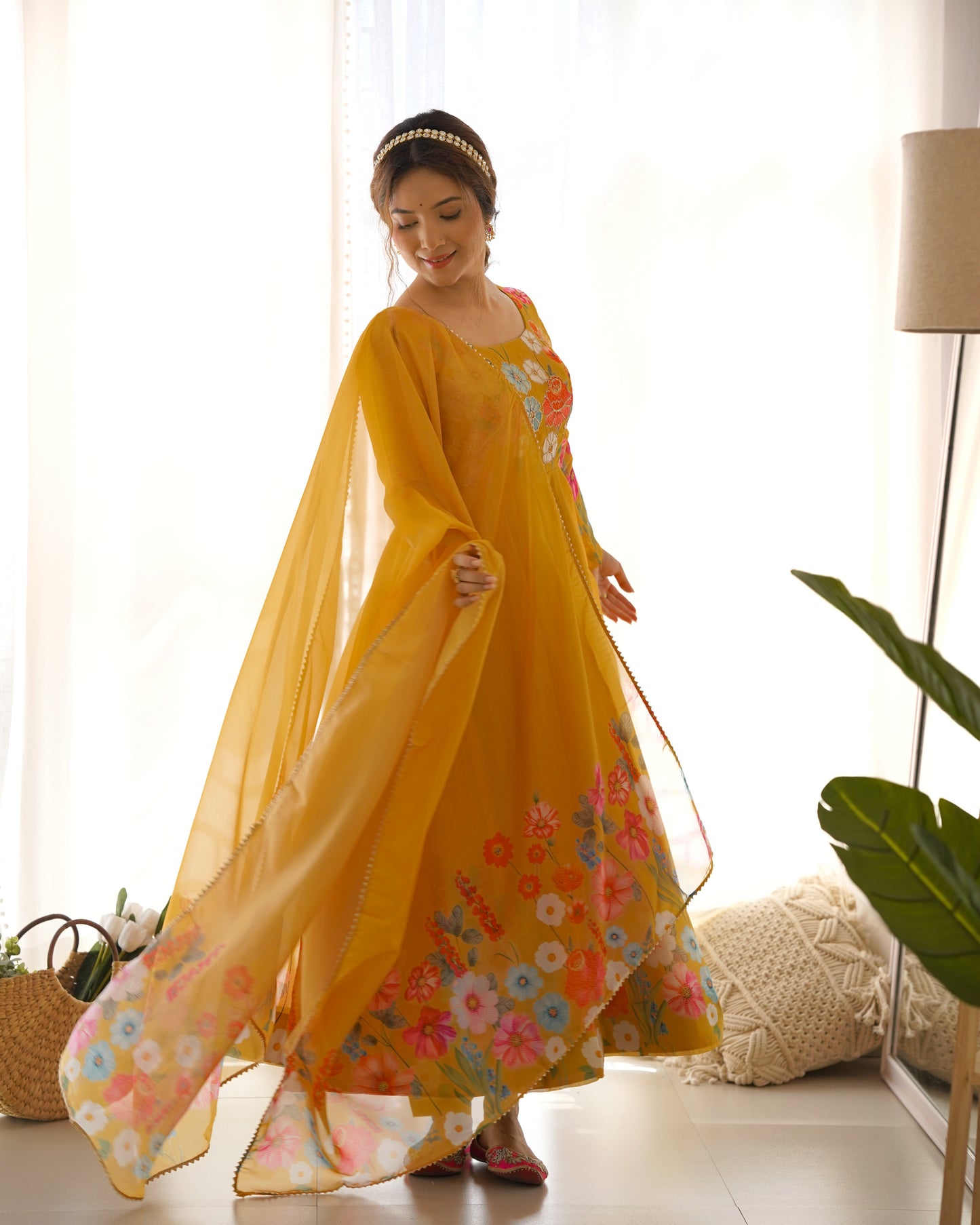 Yellow Color Floral Print Organja Anarkali 3PC Kurta Set