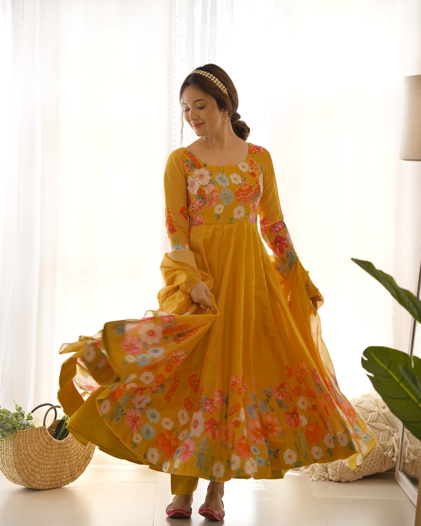 Yellow Color Floral Print Organja Anarkali 3PC Kurta Set