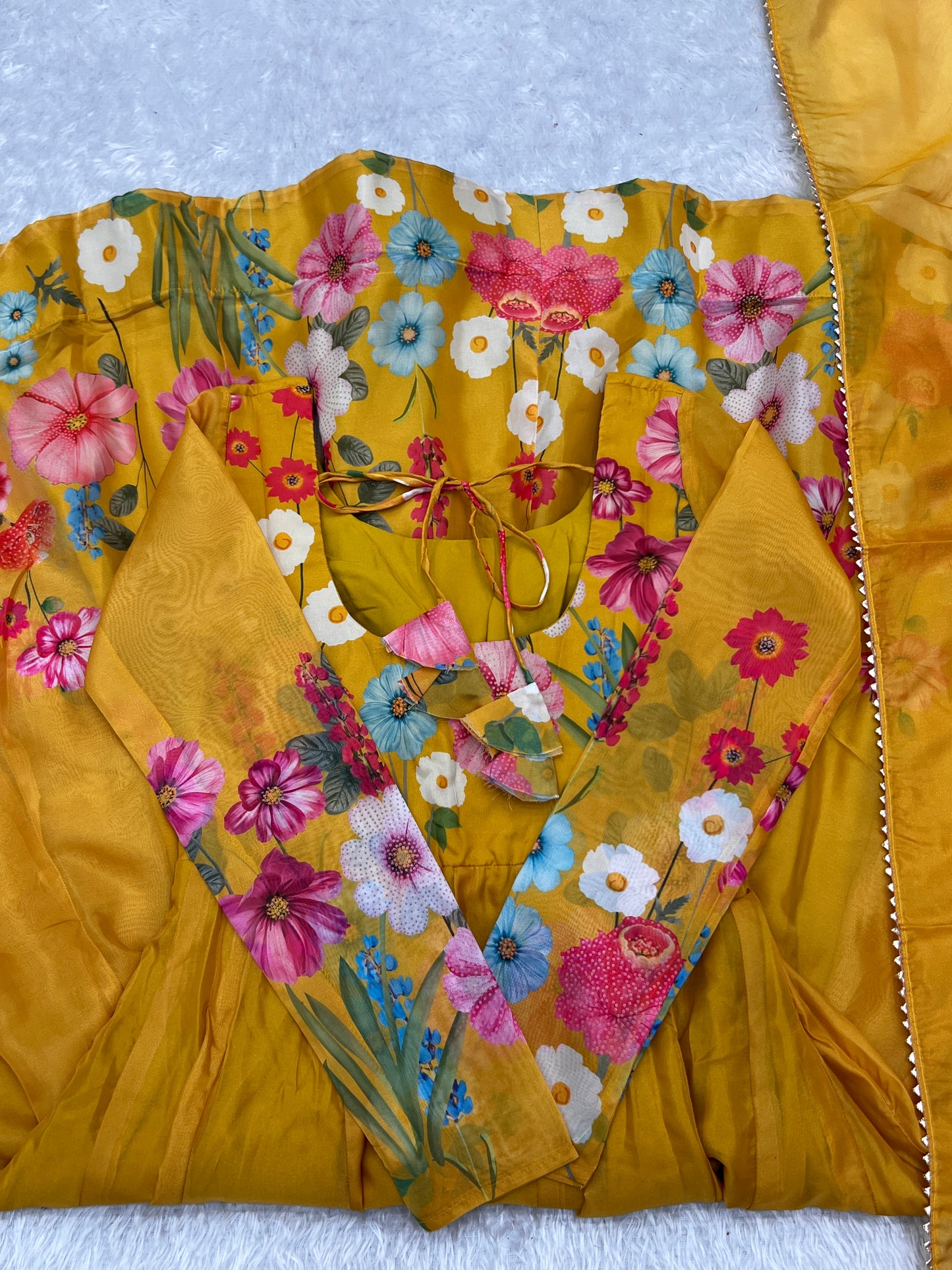 Yellow Color Floral Print Organja Anarkali 3PC Kurta Set