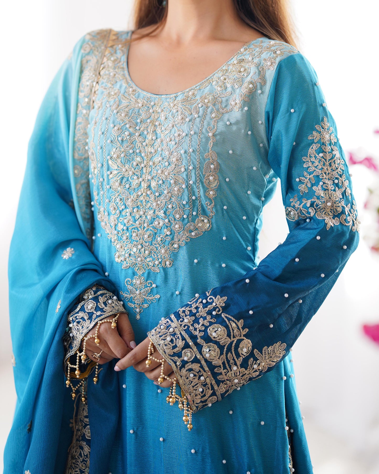 Chinon Silk Plazo Set with Rivet Moti Work