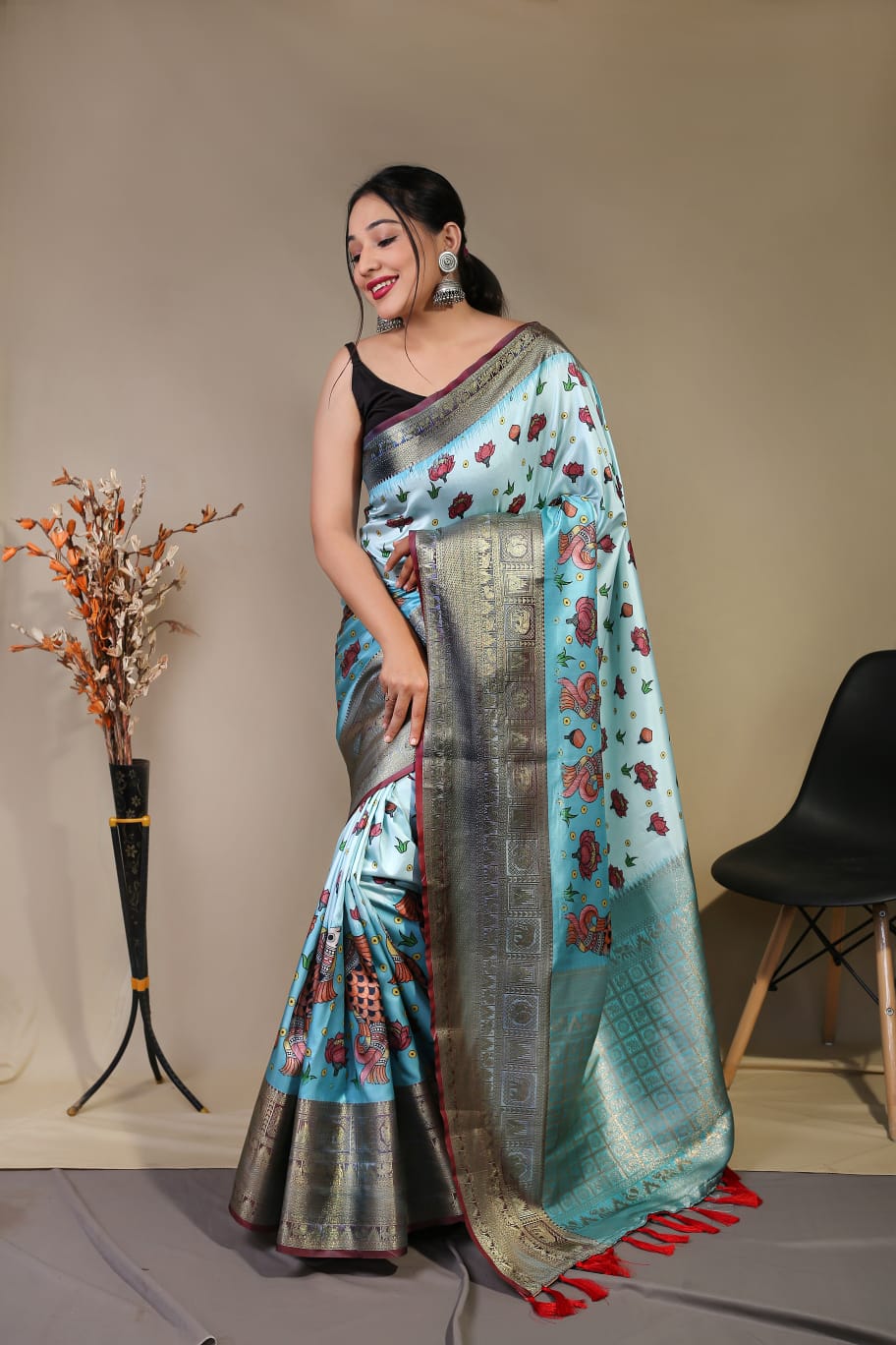 YELLOW COLOR  PURE KANCHIPURAM SILK WITH DIGITAL PRINT SAREE