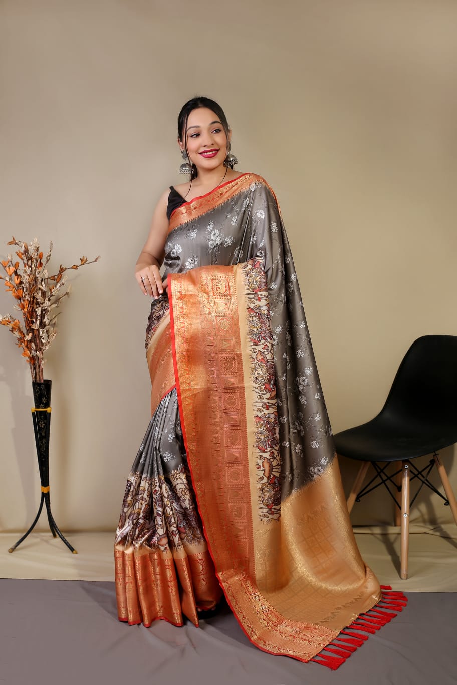 YELLOW COLOR  PURE KANCHIPURAM SILK WITH DIGITAL PRINT SAREE
