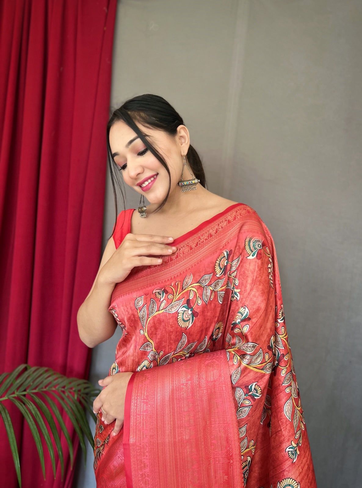 RED & SKY BLUE COLOR DIGITAL PRINT KANCHIPURAM SILK SAREE