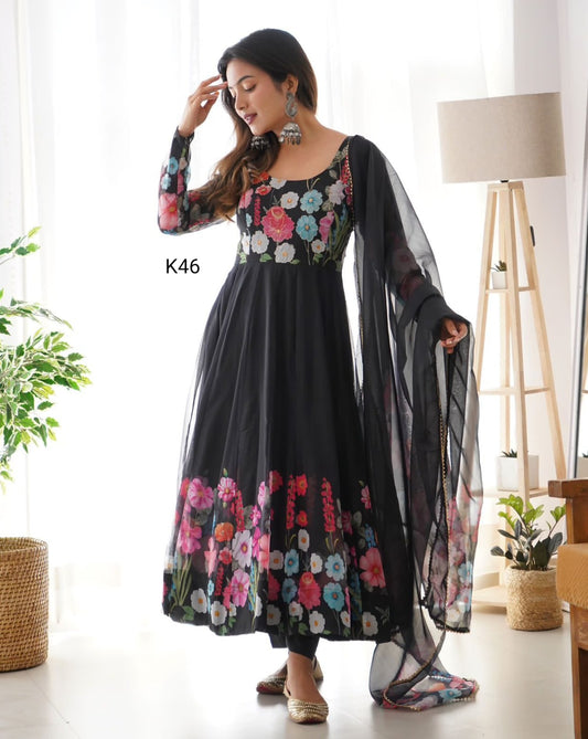 BLAK FLORAL PRINT WITH  BADLA ZARI WORK ANARKALI 3PC KURTA SET