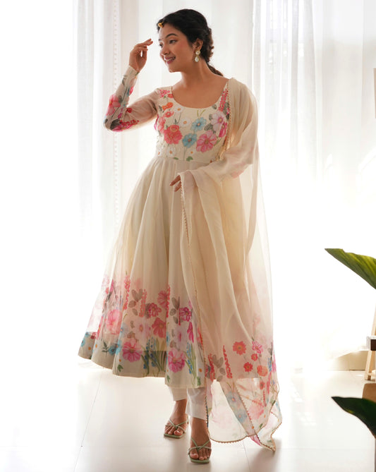 OFF WHITE FLORAL PRINT ORGANJA BADLA ZARI WORK ANARKALI 3PC KURTA SET