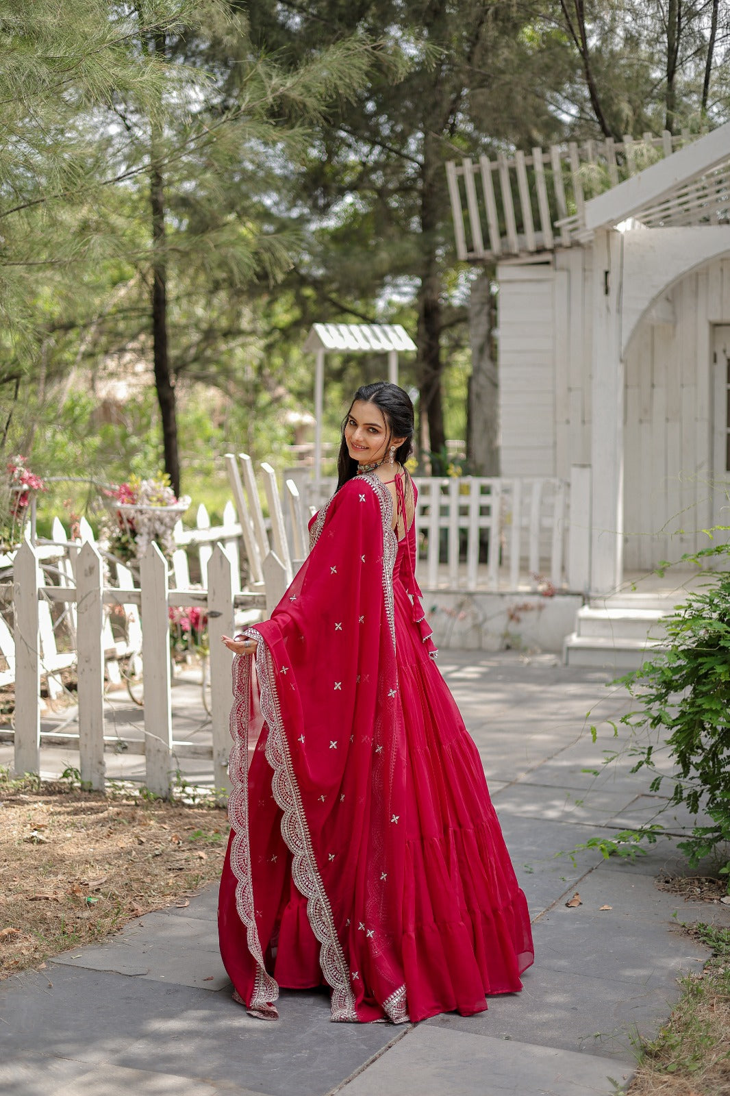 RANI PINK  COLOR BLOOMING DESIGNER EMBROIDERED ANARKALI GOWN WITH CUT WORK DUPATTA