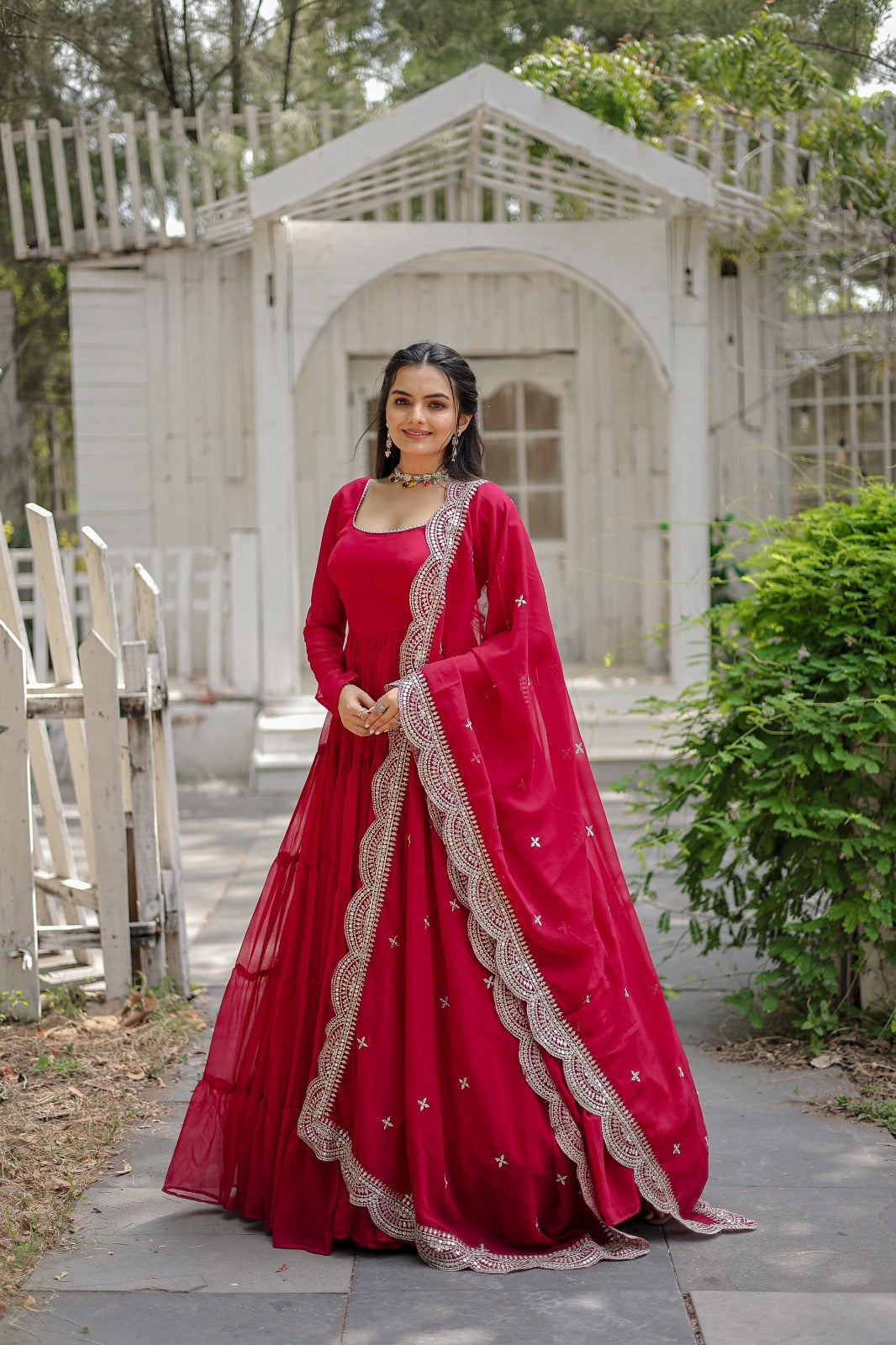 RANI PINK  COLOR BLOOMING DESIGNER EMBROIDERED ANARKALI GOWN WITH CUT WORK DUPATTA