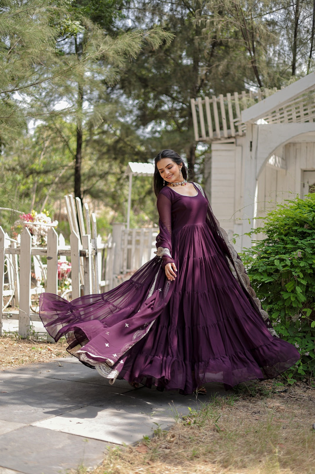 WINE COLOR BLOOMING DESIGNER EMBROIDERED ANARKALI GOWN WITH CUT WORK DUPATTA