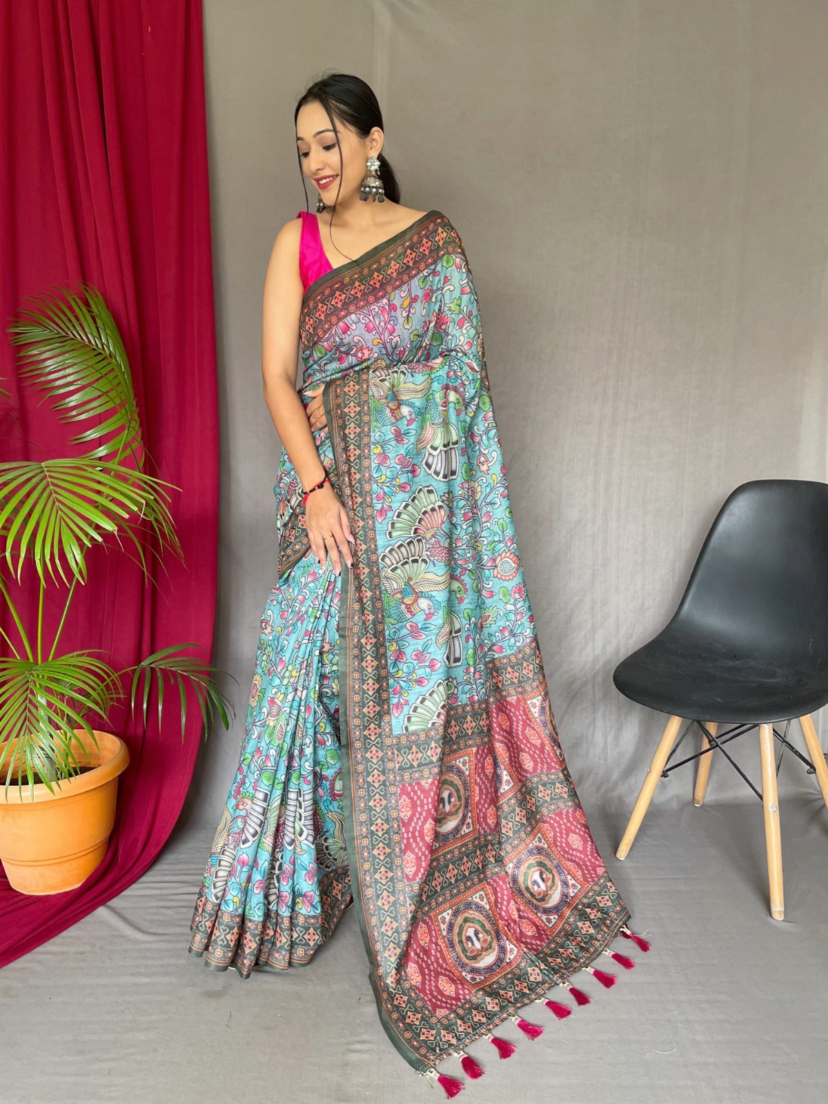 PINK COLOR KALAMKARI PRINT MALAI COTTON SAREE