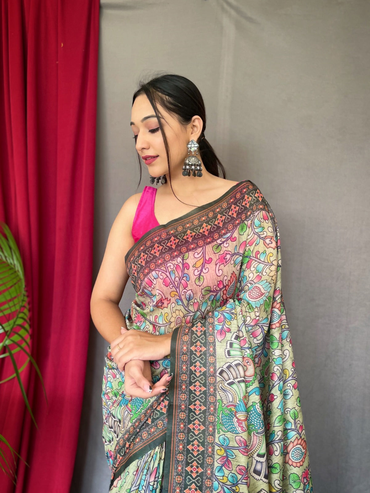 PINK COLOR KALAMKARI PRINT MALAI COTTON SAREE