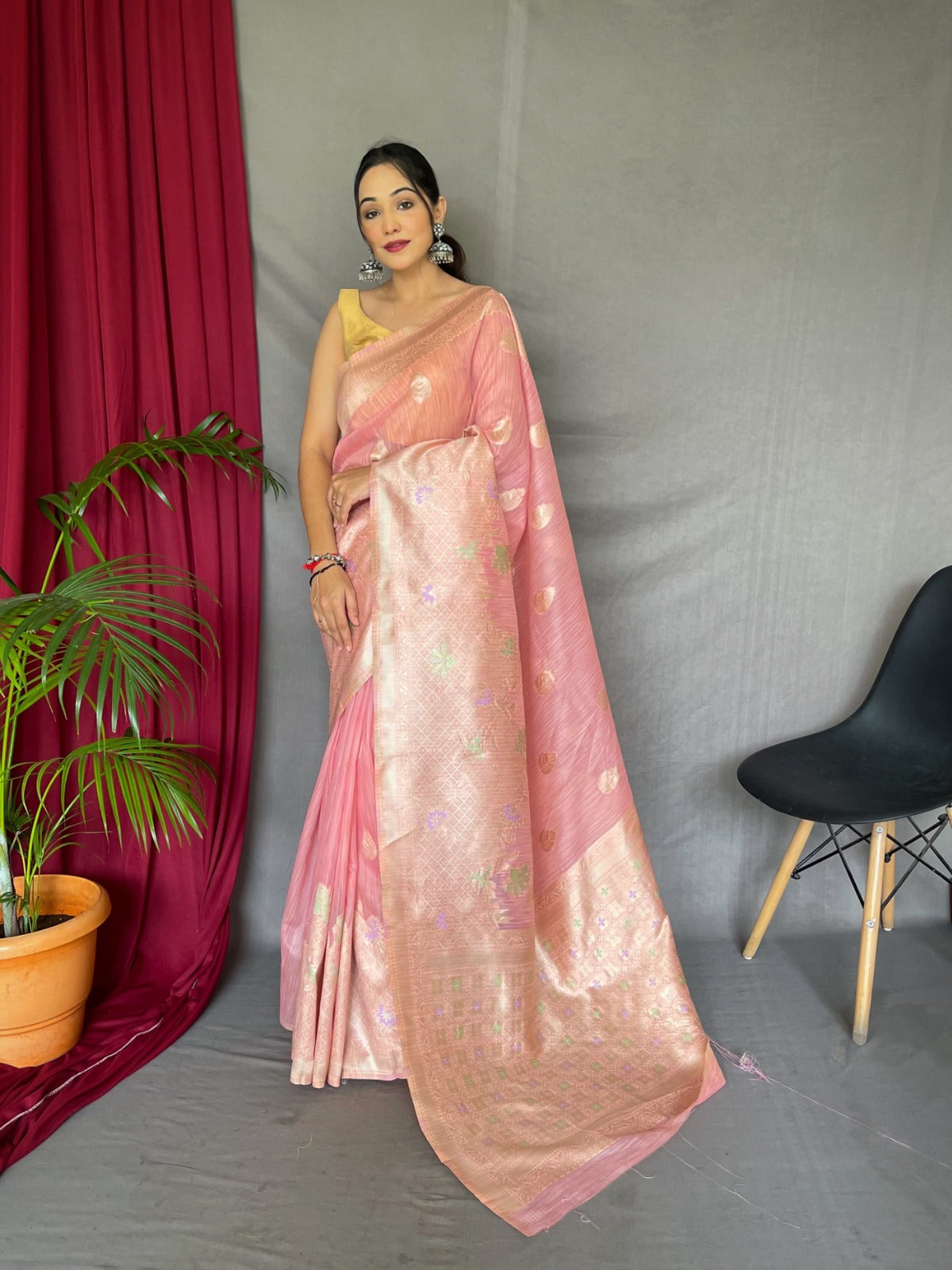 EXCLUSIVE MEENA WORK YELLOW COLOR PURE LINEN SILK SAREE