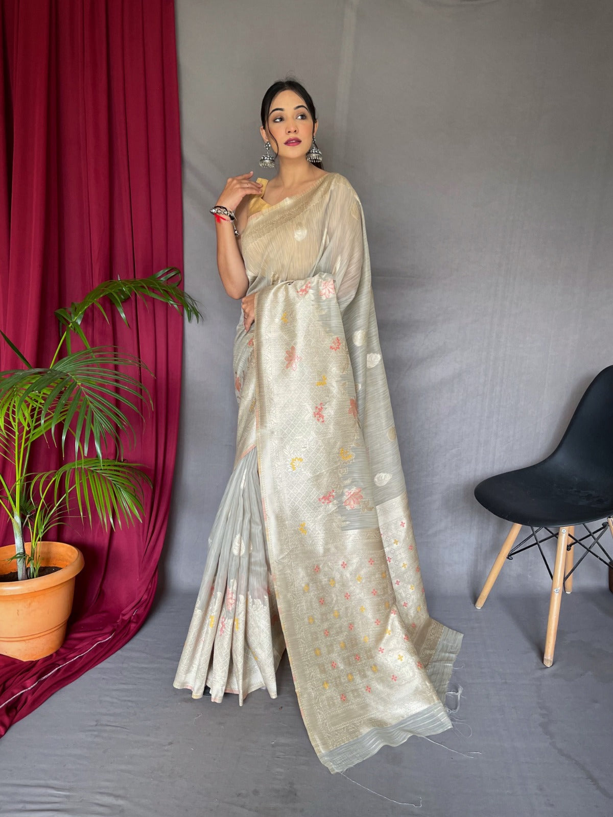 EXCLUSIVE MEENA WORK YELLOW COLOR PURE LINEN SILK SAREE