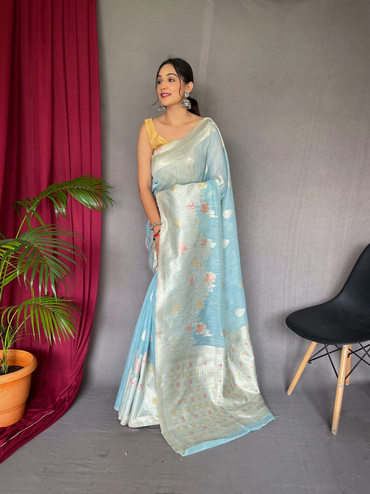 EXCLUSIVE MEENA WORK YELLOW COLOR PURE LINEN SILK SAREE