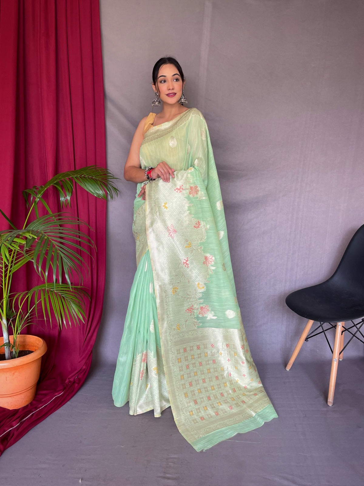 EXCLUSIVE MEENA WORK YELLOW COLOR PURE LINEN SILK SAREE