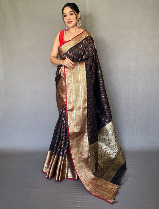 BLACK COLOR HEAVY GOLD BIG JACQUARD CONTRAST SILK SAREE