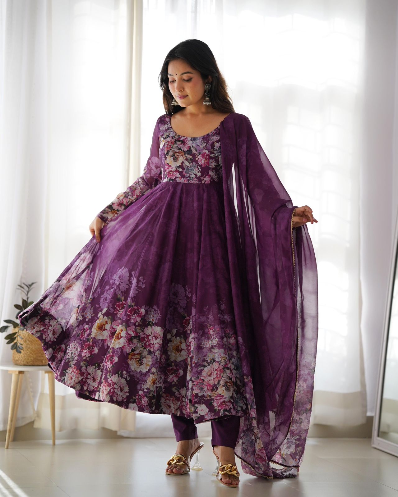 DEEP PURPLE PURE SOFT ORGANJA SILK PRINT ANARKALI 3PC KURTA SET