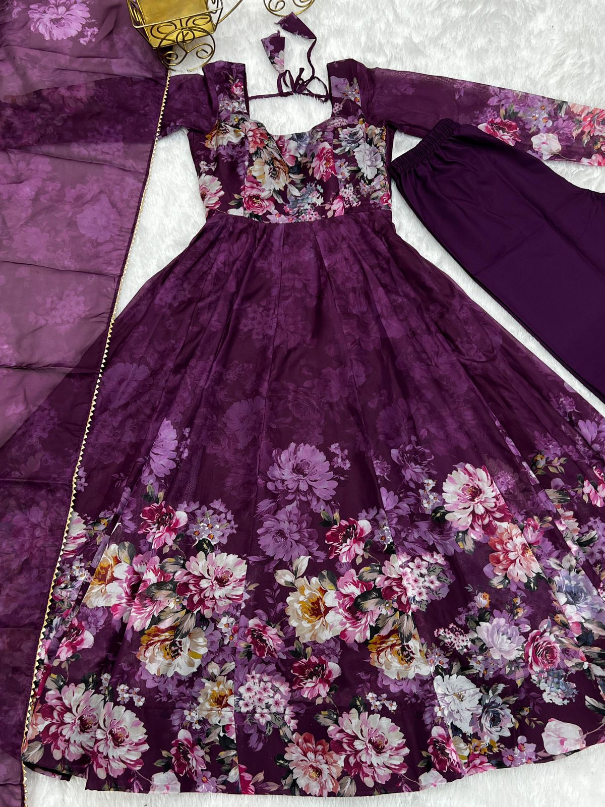 DEEP PURPLE PURE SOFT ORGANJA SILK PRINT ANARKALI 3PC KURTA SET