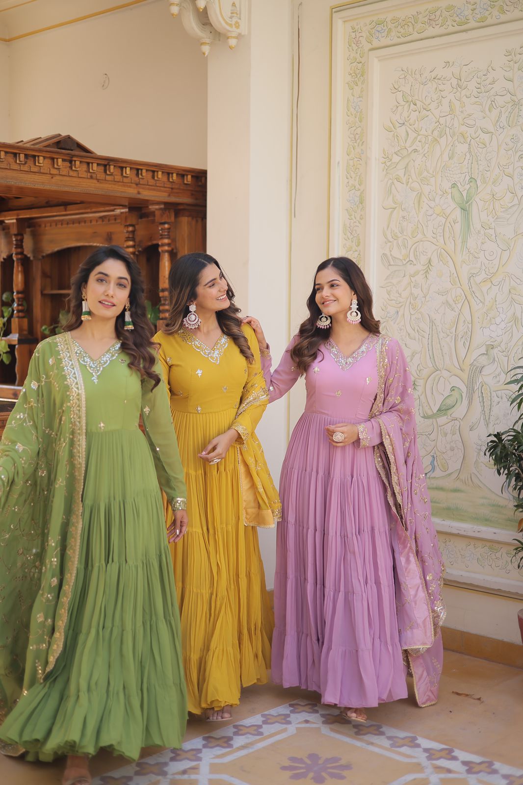 PESTALGREEN FAUX GEORGETTE WITH EMBROIDERY WORK ANARKALI GOWN WITH DUPATTA