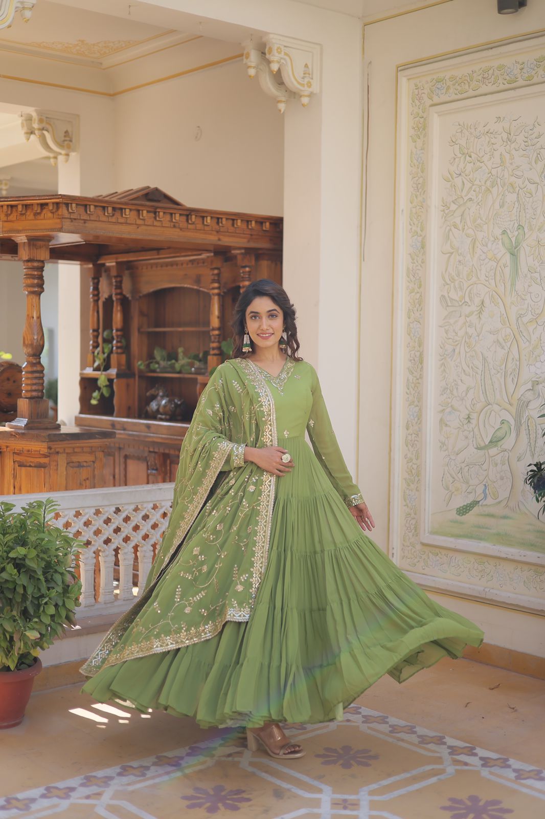 PESTALGREEN FAUX GEORGETTE WITH EMBROIDERY WORK ANARKALI GOWN WITH DUPATTA