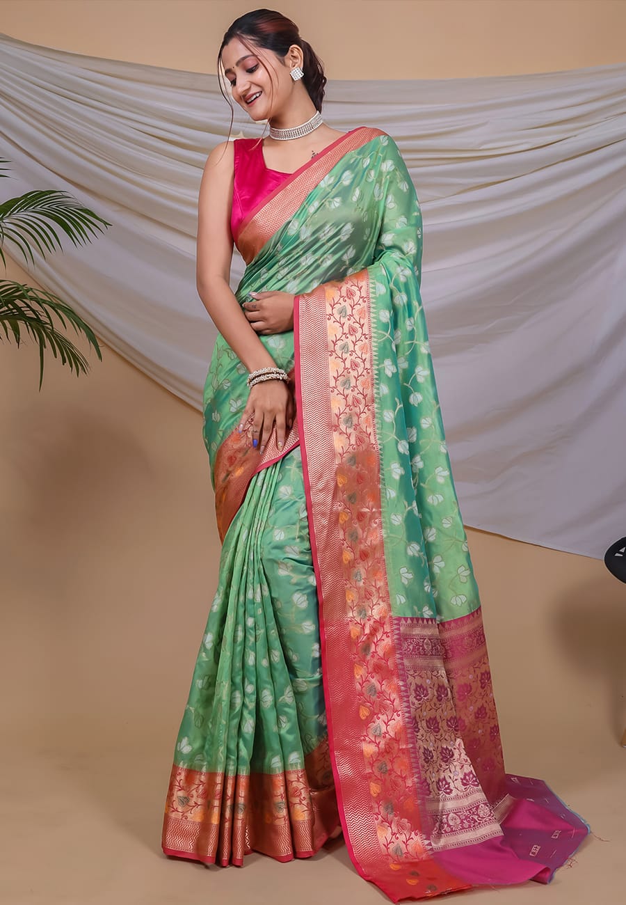 YELLOW COLOR ORGANJA   WEAVING WITH MEENAKARI JACQUARD BORDER SILK SAREE