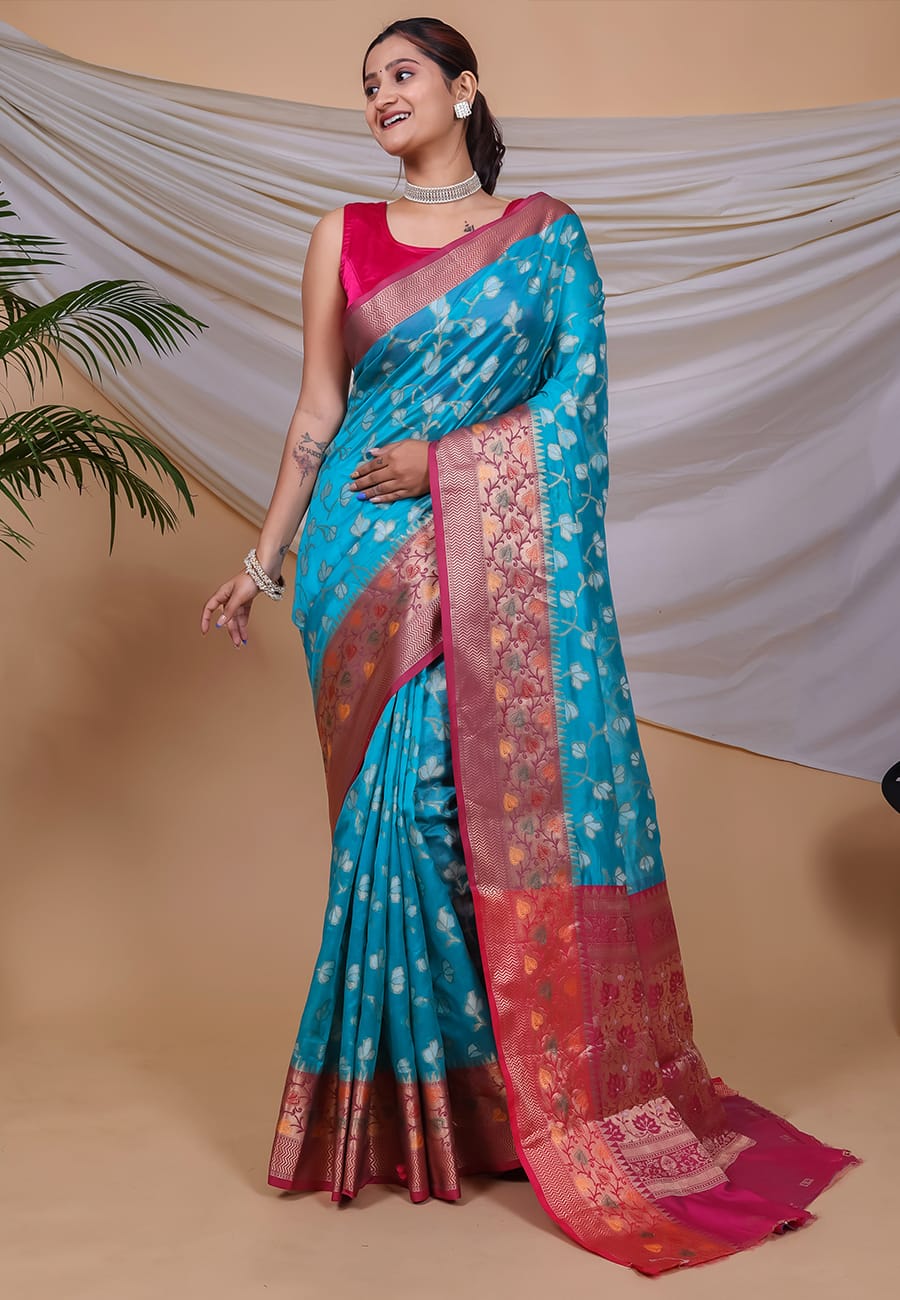 YELLOW COLOR ORGANJA   WEAVING WITH MEENAKARI JACQUARD BORDER SILK SAREE