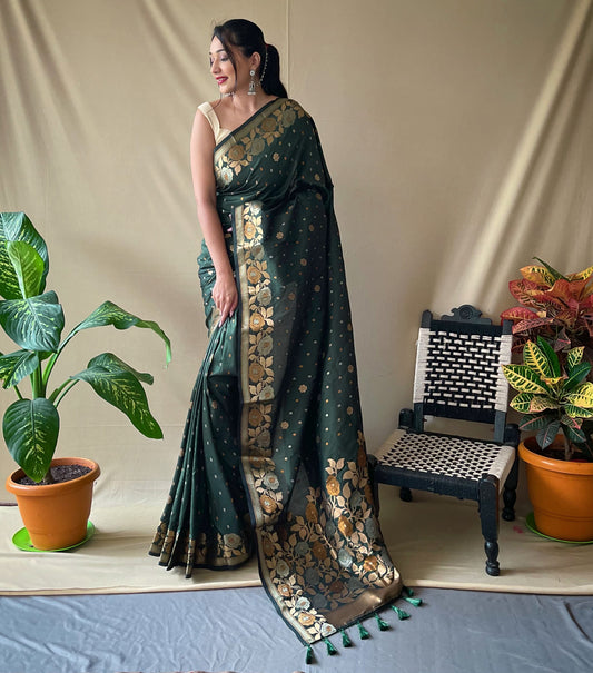 HUNTER GREEN COLOR PURE SOFT SILK WITH GOLDEN ZARI BORDER SAREE