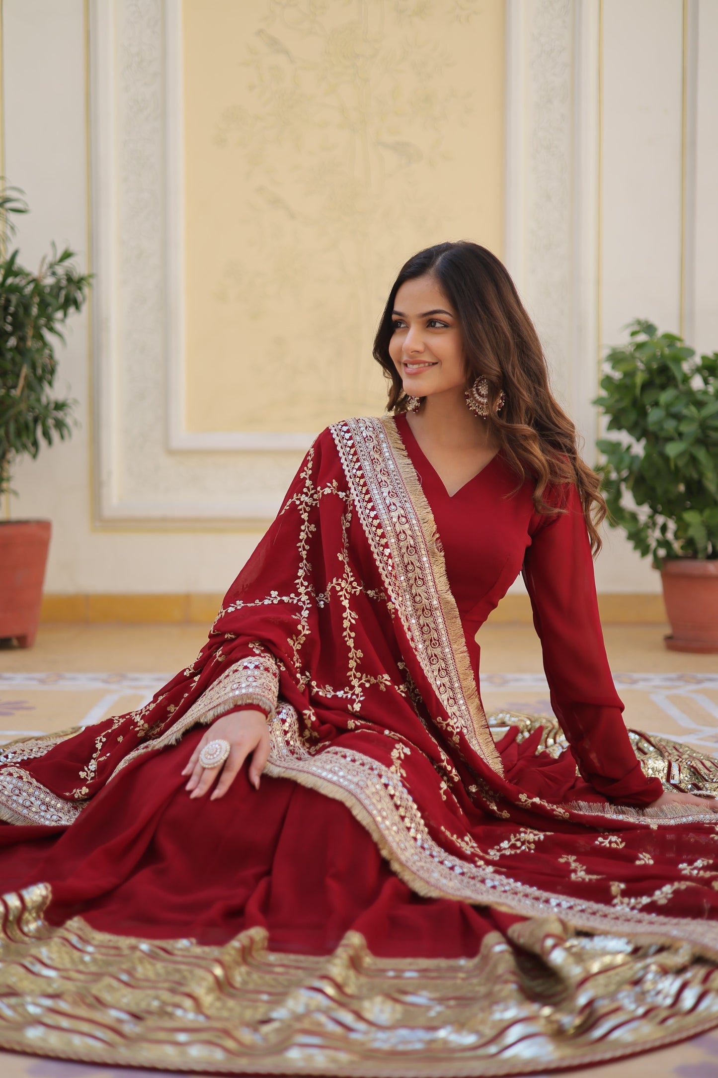 DAZZLING MAROON COLOR BLOOMING EMBROIDERY ZARI WORK ANARKALI GOWN WITH DUPATTA