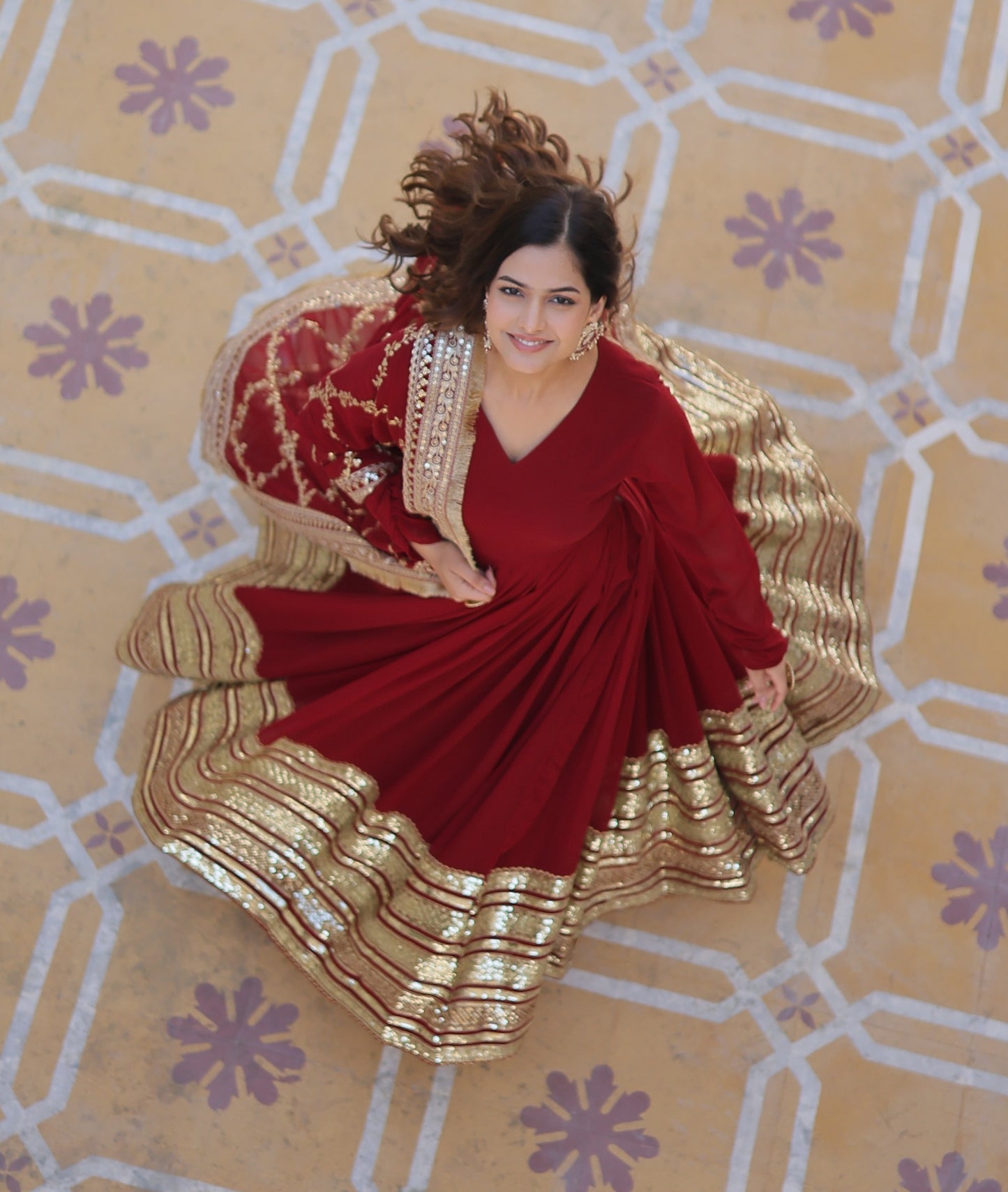 DAZZLING MAROON COLOR BLOOMING EMBROIDERY ZARI WORK ANARKALI GOWN WITH DUPATTA