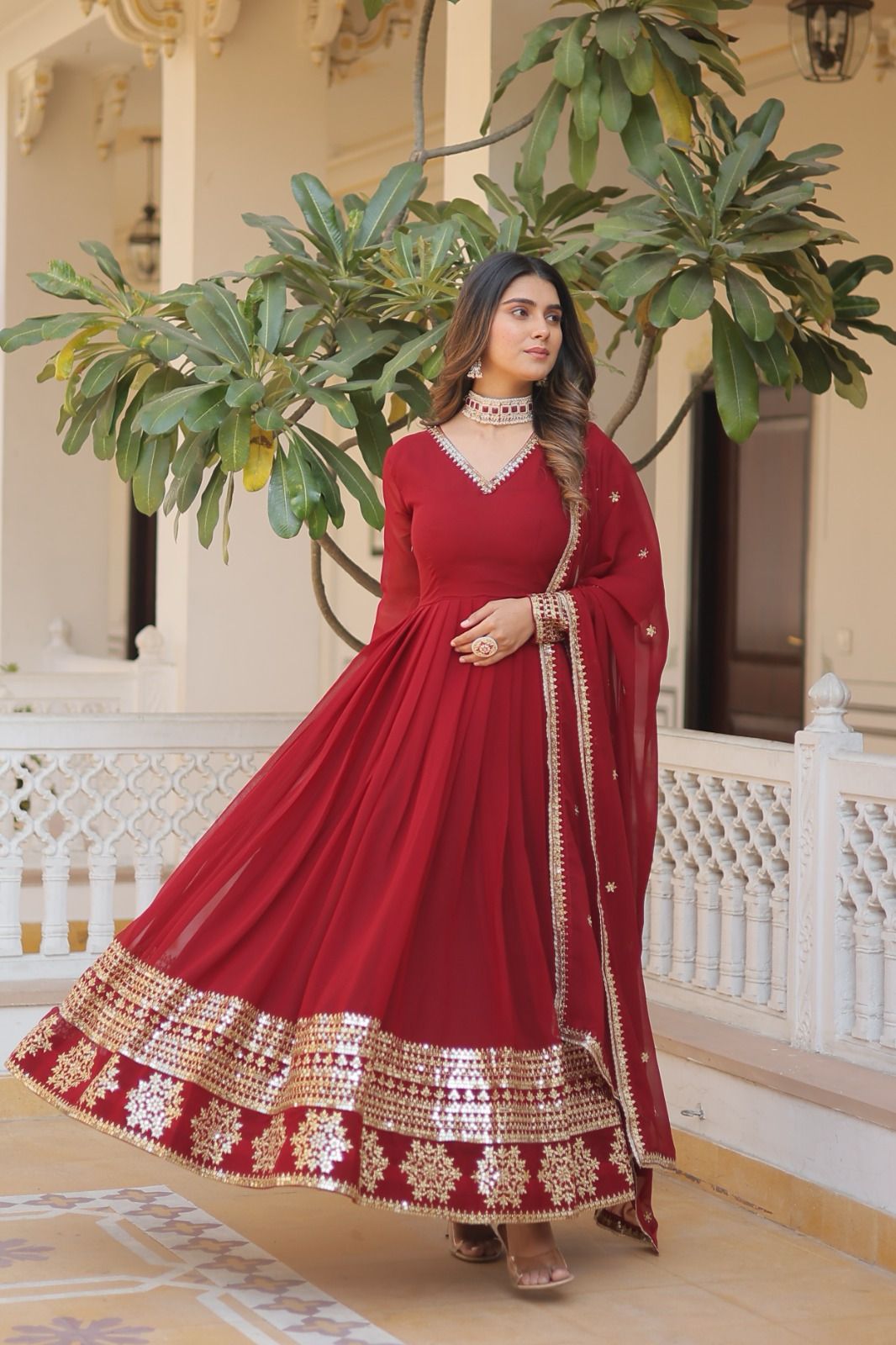 GLORIOUS CHARM WINE COLOR ATTRECTIVE SEQUINS EMBROIDERED WORK ANARKALI  GOWN WITH DUPATTA