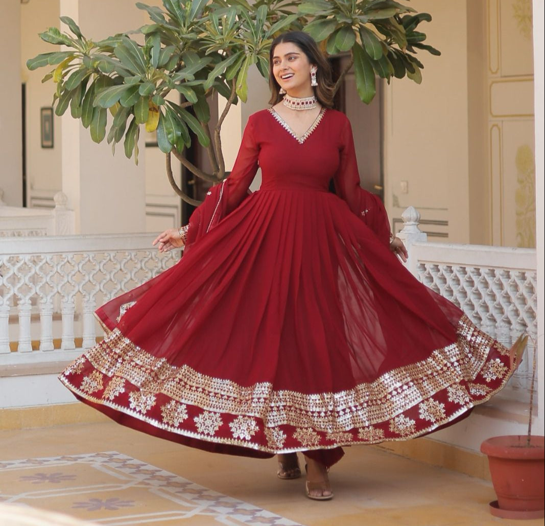 GLORIOUS CHARM WINE COLOR ATTRECTIVE SEQUINS EMBROIDERED WORK ANARKALI  GOWN WITH DUPATTA