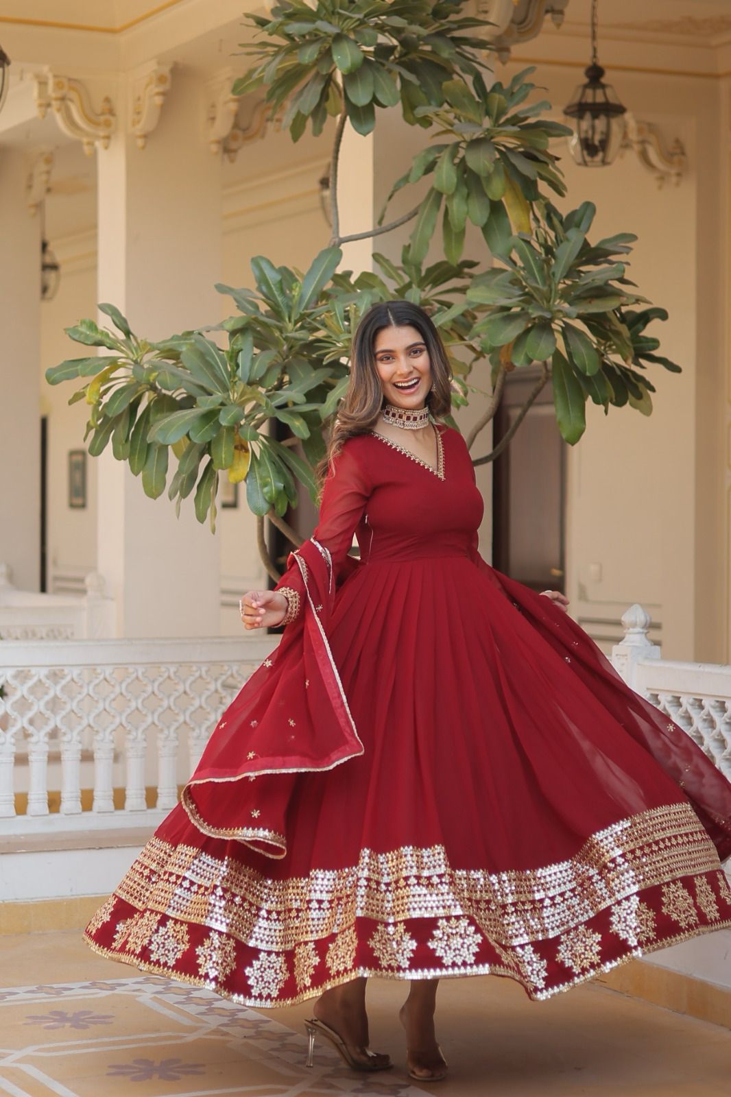 GLORIOUS CHARM WINE COLOR ATTRECTIVE SEQUINS EMBROIDERED WORK ANARKALI  GOWN WITH DUPATTA