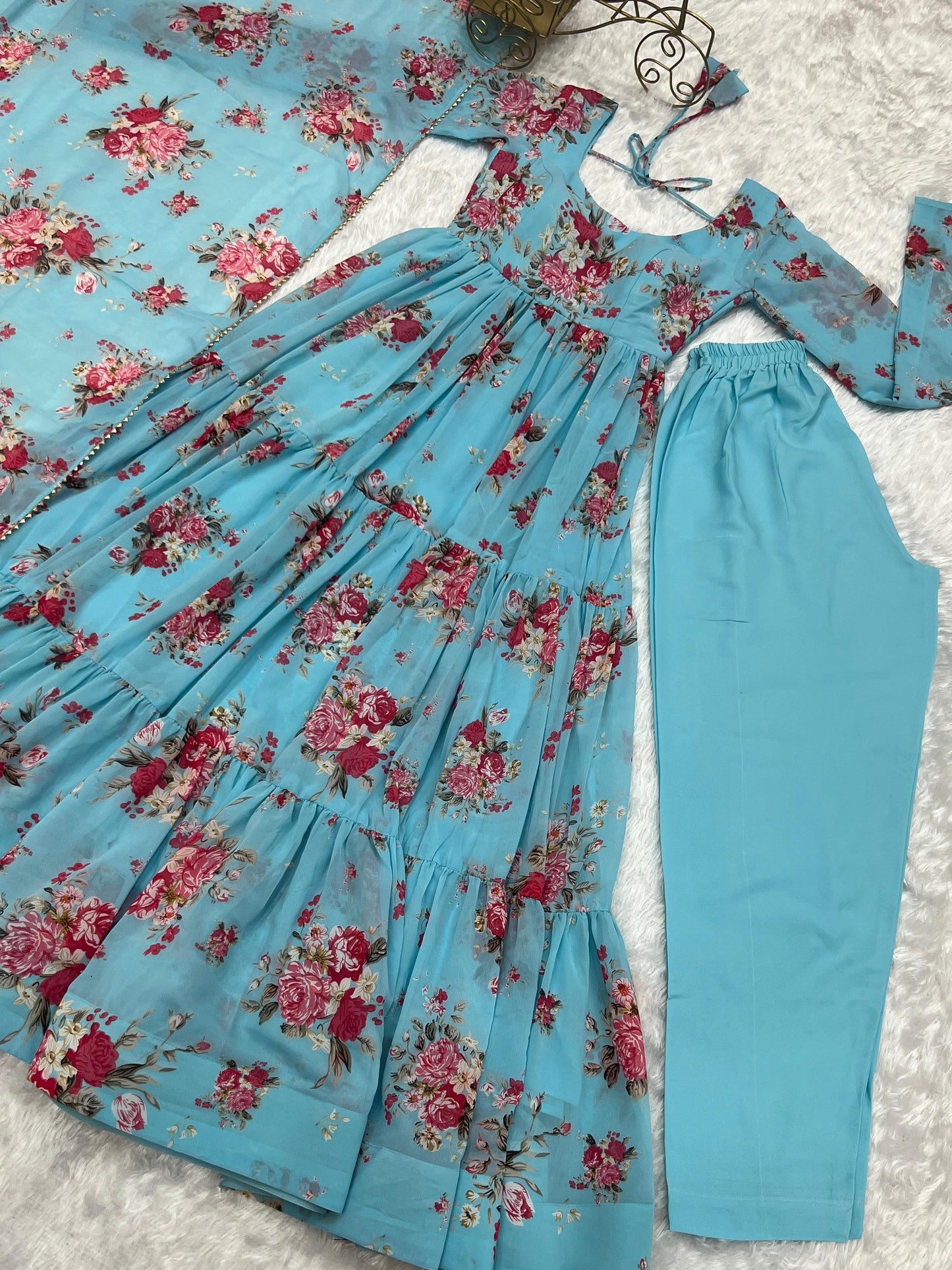 SKY BLUE COLOR GEORGETTE FLORAL PRINT ANARKALI 3PC KURTA SET