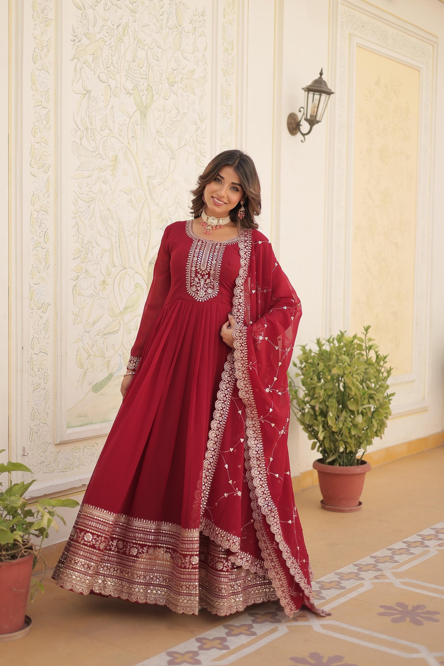 ELEGANT MAROON COLOR  ANARKALI GOWN WITH FAUX BLOOMING DUPATTA
