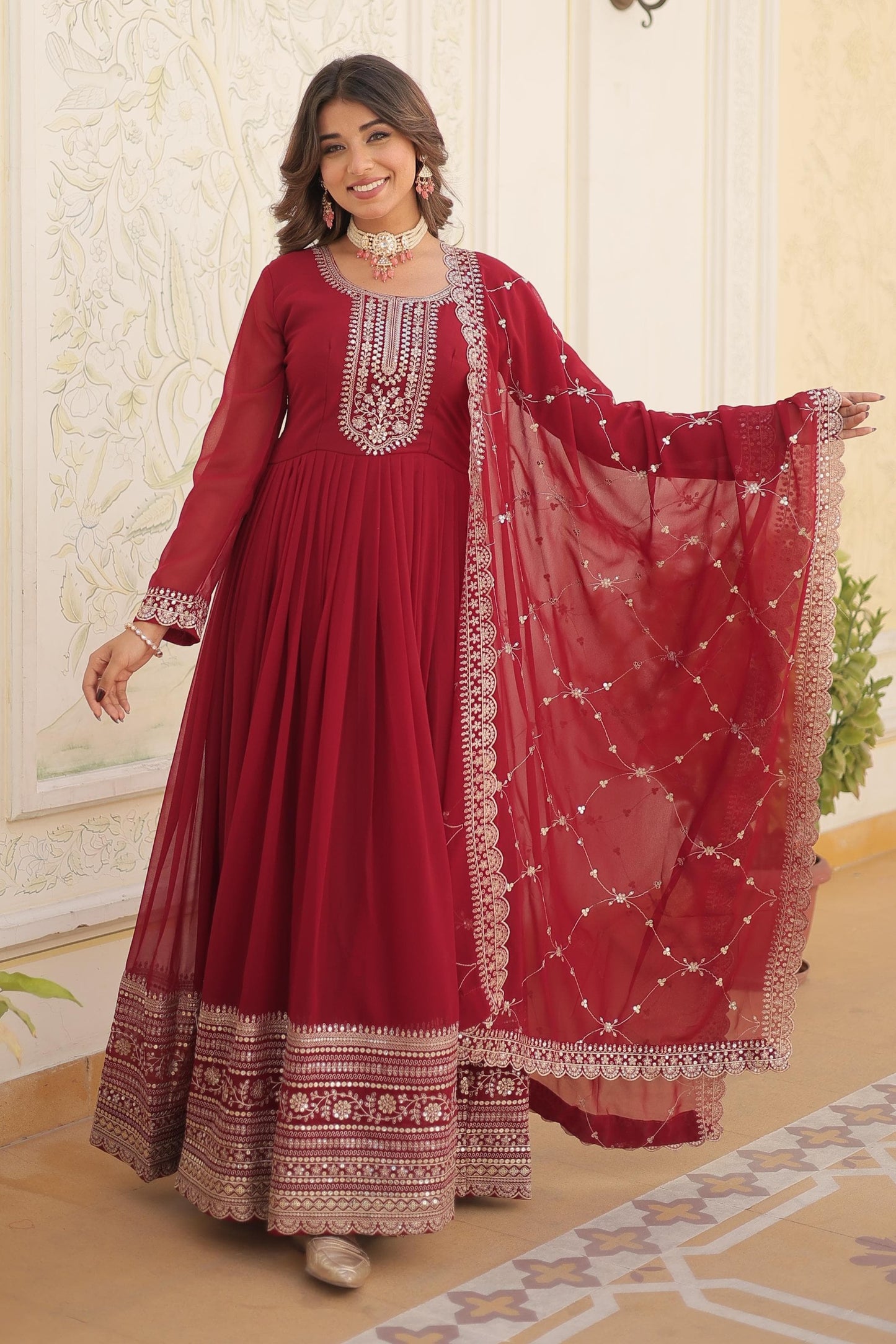 ELEGANT MAROON COLOR  ANARKALI GOWN WITH FAUX BLOOMING DUPATTA