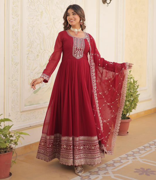 ELEGANT MAROON COLOR  ANARKALI GOWN WITH FAUX BLOOMING DUPATTA
