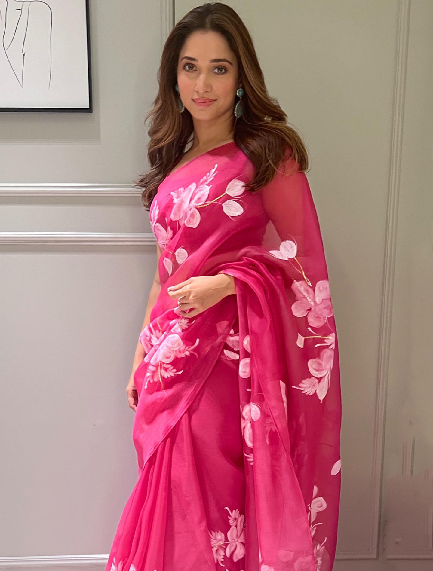HOT PINK COLOR HANDPRINT BRUSH FLOWER DESIGNER SAREE