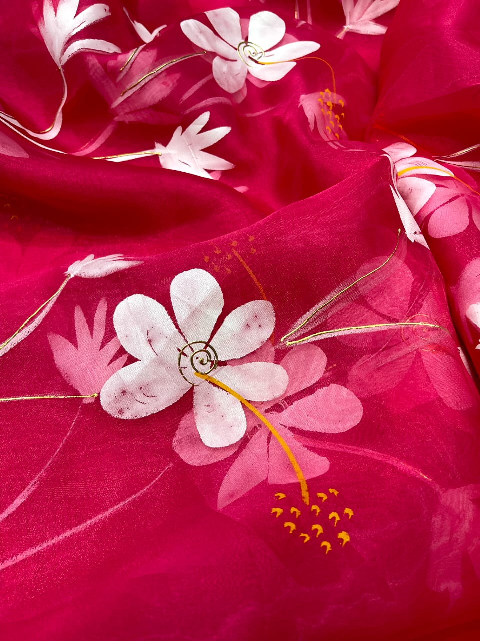 HOT PINK COLOR HANDPRINT BRUSH FLOWER DESIGNER SAREE