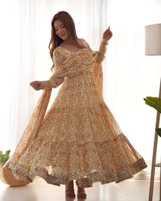 GRACEFUL GOLDEN YELLOW  ZIGZAG ANARKALI 3PC KURTA SET